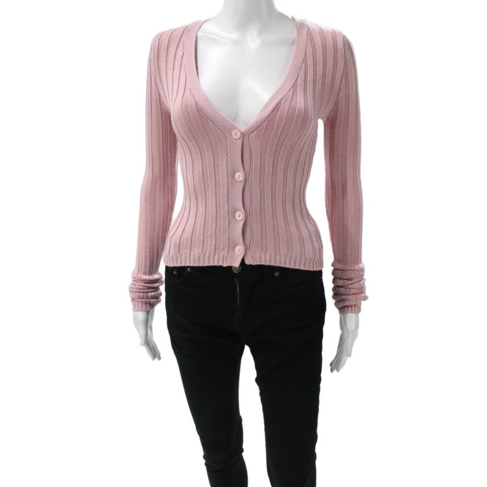 Guizio Women Cardigan Pink Striped VNeck Cotton Blend Longsleeve Size 2XS